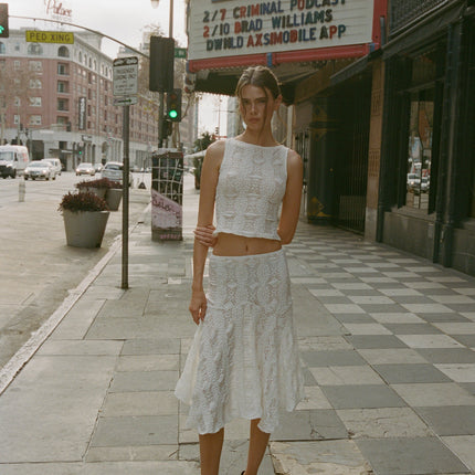 Maeve Midi Skirt | Low Rise | Custom Embroidery | White | Hip Length