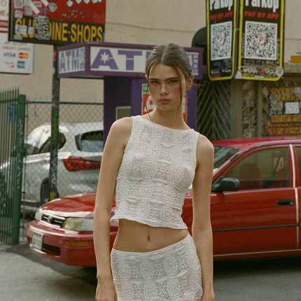 Maeve Slim Fit Long Line Top | Custom Embroidery Detailing | White