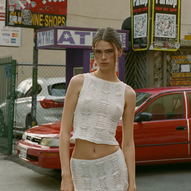 Maeve Slim Fit Long Line Top | Custom Embroidery Detailing | White