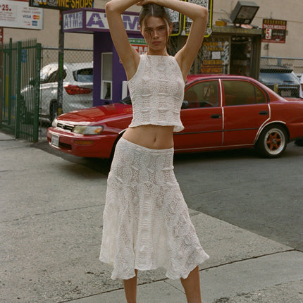Maeve Midi Skirt | Low Rise | Custom Embroidery | White | Hip Length
