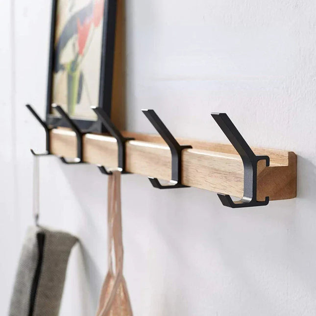 Movable Hooks Wall Mounted Rack | Black Nordic Design | Rubberwood & Aluminum | 40x7x7cm | For Hallway & Bedroom Organization