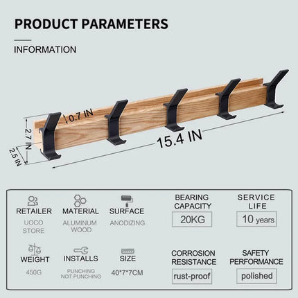 Movable Hooks Wall Mounted Rack | Black Nordic Design | Rubberwood & Aluminum | 40x7x7cm | For Hallway & Bedroom Organization