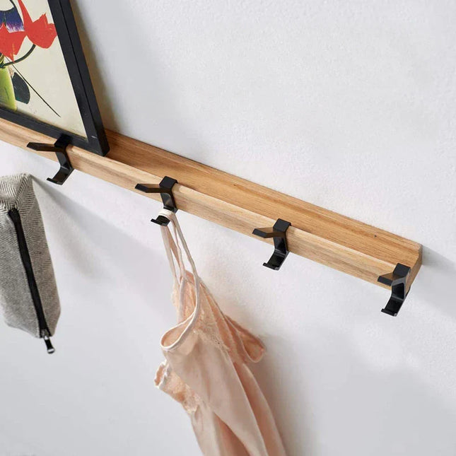 Movable Hooks Wall Mounted Rack | Black Nordic Design | Rubberwood & Aluminum | 40x7x7cm | For Hallway & Bedroom Organization
