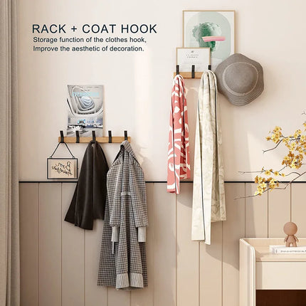 Movable Hooks Wall Mounted Rack | Black Nordic Design | Rubberwood & Aluminum | 40x7x7cm | For Hallway & Bedroom Organization