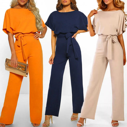Women's High-Waisted Jumpsuit | Flattering Waistband | Loose-Fit Short Sleeves | Round Neckline | Size S-2XL | Blue, Beige, Yellow | Polyester Blend | Versatile Wear for Any Occasion