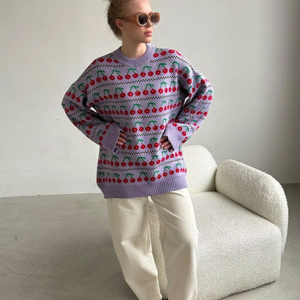 Retro Cherry Knitted Sweater | Round Neck | Long Sleeve | Soft Breathable Fabric | Sizes S M L | Medium Length | Autumn Fashion 2024