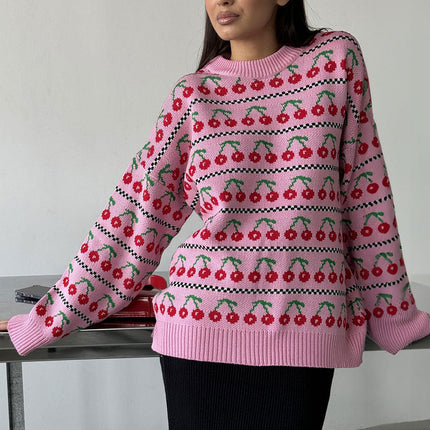 Retro Cherry Knitted Sweater | Round Neck | Long Sleeve | Soft Breathable Fabric | Sizes S M L | Medium Length | Autumn Fashion 2024