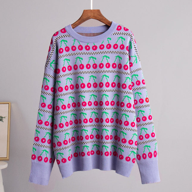 Retro Cherry Knitted Sweater | Round Neck | Long Sleeve | Soft Breathable Fabric | Sizes S M L | Medium Length | Autumn Fashion 2024