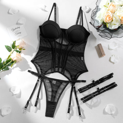French Lingerie Set | Amber 3-Piece | Lace Accents & Underwire Support | Breathable Polyester | Black Red Blue Green | Belle Couture | Elegant & Seductive