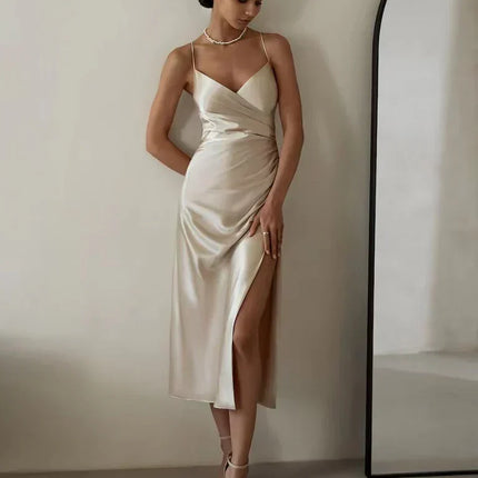VISCONTE | Elegant V-Neck Satin Dress | Strapless Tess | Premium Quality | Comfortable & Stylish | Perfect for Special Occasions