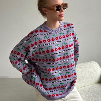 Retro Cherry Knitted Sweater | Round Neck | Long Sleeve | Soft Breathable Fabric | Sizes S M L | Medium Length | Autumn Fashion 2024