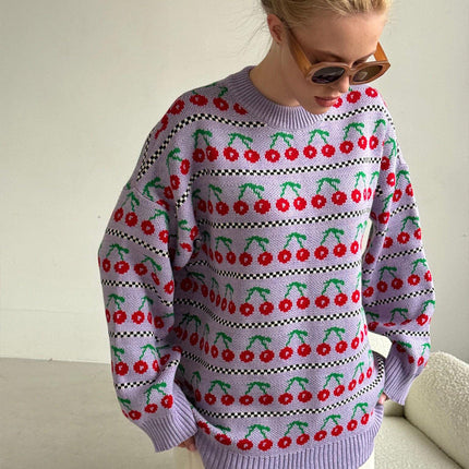 Retro Cherry Knitted Sweater | Round Neck | Long Sleeve | Soft Breathable Fabric | Sizes S M L | Medium Length | Autumn Fashion 2024