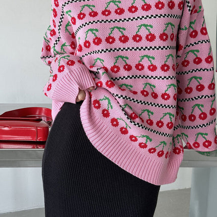 Retro Cherry Knitted Sweater | Round Neck | Long Sleeve | Soft Breathable Fabric | Sizes S M L | Medium Length | Autumn Fashion 2024