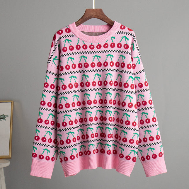 Retro Cherry Knitted Sweater | Round Neck | Long Sleeve | Soft Breathable Fabric | Sizes S M L | Medium Length | Autumn Fashion 2024