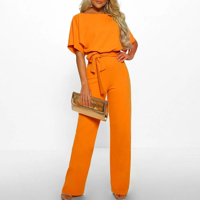 Women's High-Waisted Jumpsuit | Flattering Waistband | Loose-Fit Short Sleeves | Round Neckline | Size S-2XL | Blue, Beige, Yellow | Polyester Blend | Versatile Wear for Any Occasion