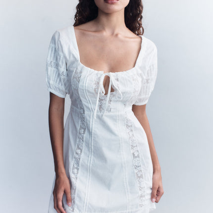 Ophelia Adjustable Tie Back Mini Dress | Lace Trim | White