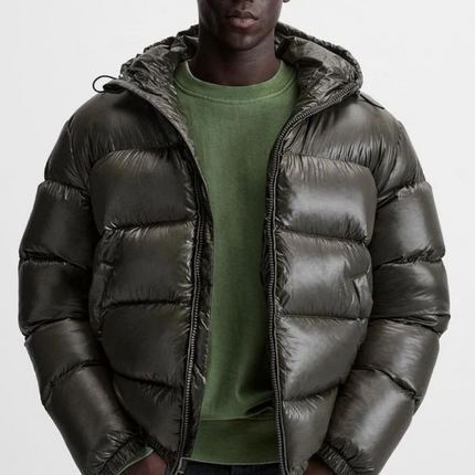 Essential Feather Down Puffer | Recycled Polyamide | Insulated Warmth | Adjustable Hood & High Collar | Practical Pockets | Elastic Hem & Cuffs | Shiny Technical Fabric | Men's Winter Outerwear