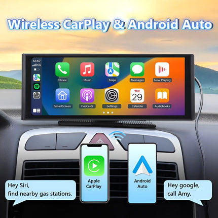 10.3 Inch HD Wireless CarPlay Screen | Detachable Display | Bluetooth 5.0 | Built-In Android Auto | 4K Front Camera | FM Radio | Easy Install | Includes Backup Camera | 1600x600 Resolution