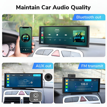10.3 Inch HD Wireless CarPlay Screen | Detachable Display | Bluetooth 5.0 | Built-In Android Auto | 4K Front Camera | FM Radio | Easy Install | Includes Backup Camera | 1600x600 Resolution