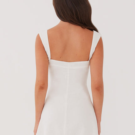 Peppermayo Exclusive | Chic White Mini Dress | Black Ribbon Detail | Square Neckline | Wide Hem & Straps | Fully Lined | Invisible Side Zipper | 100% Cotton | Elegant Look for Evening Events