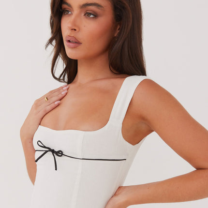 Peppermayo Exclusive | Chic White Mini Dress | Black Ribbon Detail | Square Neckline | Wide Hem & Straps | Fully Lined | Invisible Side Zipper | 100% Cotton | Elegant Look for Evening Events