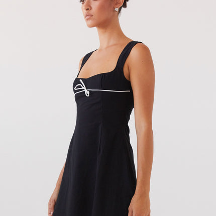 Black Mini Dress | Straight Neckline | White Ribbon Detail | 100% Cotton | Wide Hem | Invisible Side Zipper | US Sizes Available