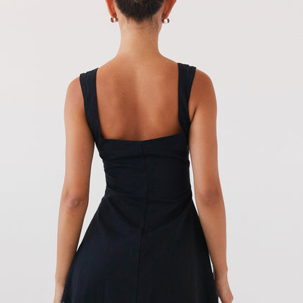 Black Mini Dress | Straight Neckline | White Ribbon Detail | 100% Cotton | Wide Hem | Invisible Side Zipper | US Sizes Available