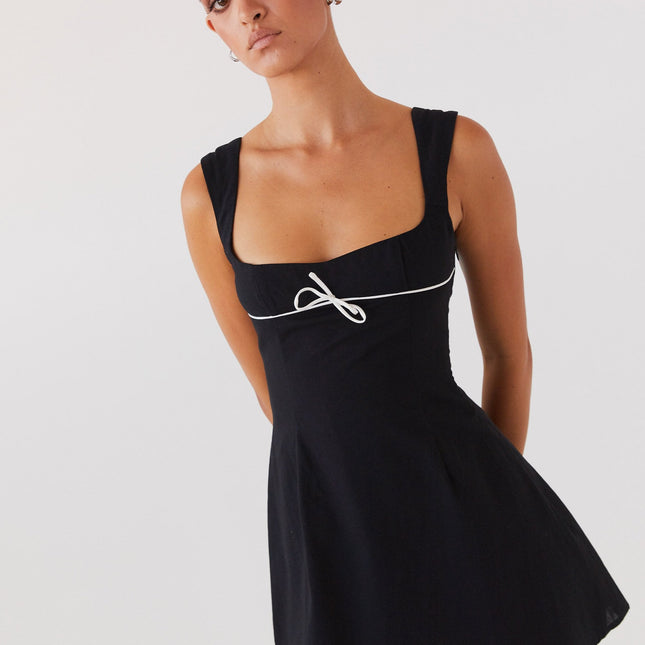 Black Mini Dress | Straight Neckline | White Ribbon Detail | 100% Cotton | Wide Hem | Invisible Side Zipper | US Sizes Available