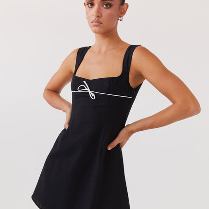 Black Mini Dress | Straight Neckline | White Ribbon Detail | 100% Cotton | Wide Hem | Invisible Side Zipper | US Sizes Available