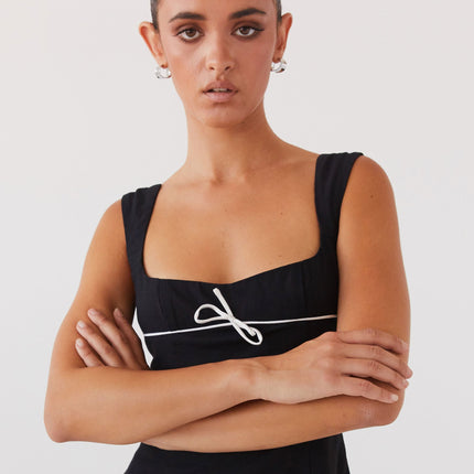 Black Mini Dress | Straight Neckline | White Ribbon Detail | 100% Cotton | Wide Hem | Invisible Side Zipper | US Sizes Available