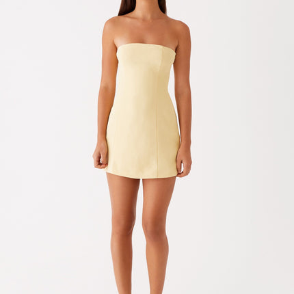 Ayanna Strapless Yellow Mini Dress | Suiting Material | Invisible Side Zipper | Back Panels for Shaping | Lined | Polyester Spandex Fabric | Versatile Day to Night Wear | Peppermayo Exclusive