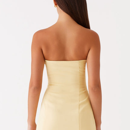 Ayanna Strapless Yellow Mini Dress | Suiting Material | Invisible Side Zipper | Back Panels for Shaping | Lined | Polyester Spandex Fabric | Versatile Day to Night Wear | Peppermayo Exclusive