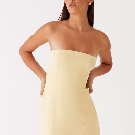 Ayanna Strapless Yellow Mini Dress | Suiting Material | Invisible Side Zipper | Back Panels for Shaping | Lined | Polyester Spandex Fabric | Versatile Day to Night Wear | Peppermayo Exclusive