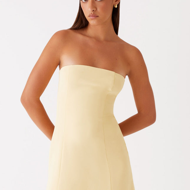 Ayanna Strapless Yellow Mini Dress | Suiting Material | Invisible Side Zipper | Back Panels for Shaping | Lined | Polyester Spandex Fabric | Versatile Day to Night Wear | Peppermayo Exclusive