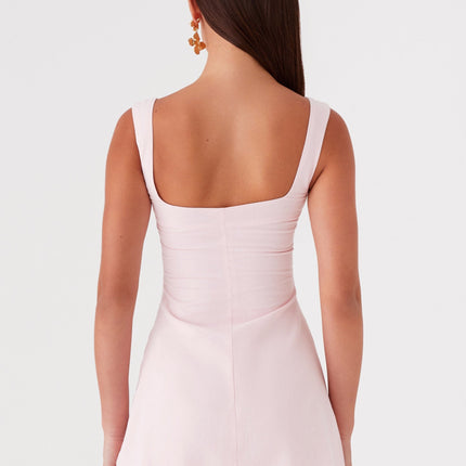 Cadence Mini Dress | Baby Pink | Square Neckline | Wide Straps | Bow Detail | Mini Length | 100% Cotton | Side Seam Invisible Zipper | Fully Lined | Under Bust Panelling | Peppermayo Exclusive