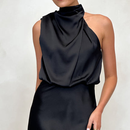 Esther Black Dress | Elegant Maxi | High Neck | Asymmetrical Shoulder | Elastic Waist | Polyester | Wedding Festive Fashion | Invisible Zipper & Button Closure | Versatile Evening Wear