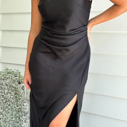 Victoria | Elegant One Shoulder Black Maxi Dress | Gathered Waist | Knee High Front Split | Lined Polyester | Invisible Side Zipper | Fashionable and Comfortable Style