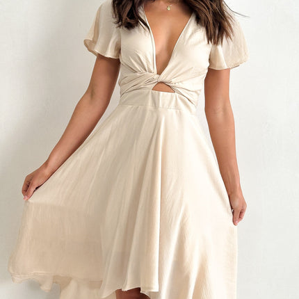 Women's High-Low Satin Dress | Sunny Daze | Champagne | Butterfly Sleeves | Fitted Waistband | Occasion Wear