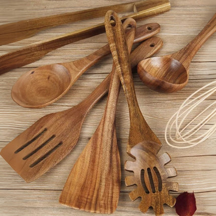 Premium Teak Wooden Utensil Set | 7-Piece | Non-Stick Safe | Heat Resistant | Includes Ladle, Spoon, Spatula, Tongs