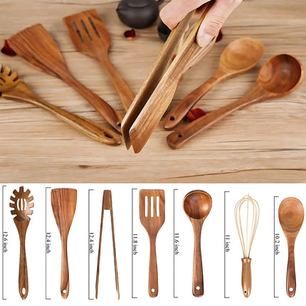 Premium Teak Wooden Utensil Set | 7-Piece | Non-Stick Safe | Heat Resistant | Includes Ladle, Spoon, Spatula, Tongs