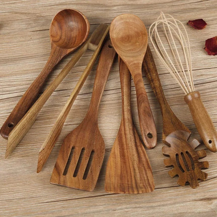 Premium Teak Wooden Utensil Set | 7-Piece | Non-Stick Safe | Heat Resistant | Includes Ladle, Spoon, Spatula, Tongs