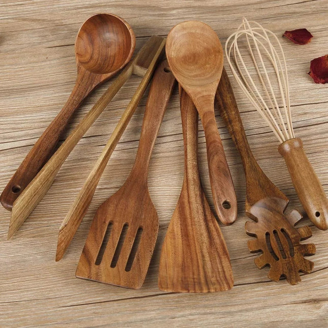 Premium Teak Wooden Utensil Set | 7-Piece | Non-Stick Safe | Heat Resistant | Includes Ladle, Spoon, Spatula, Tongs