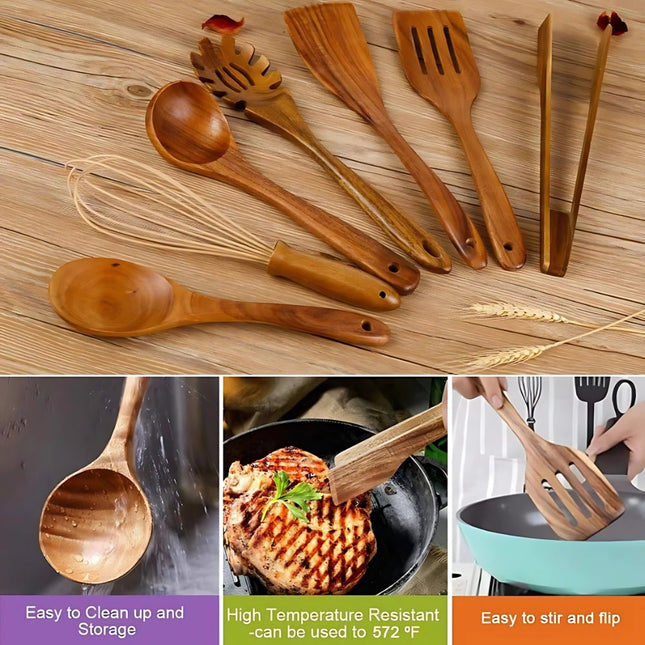 Premium Teak Wooden Utensil Set | 7-Piece | Non-Stick Safe | Heat Resistant | Includes Ladle, Spoon, Spatula, Tongs