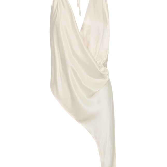 Satin Halter Top | Stone Beaded Neckline | Asymmetrical Draped Neck | Deep V-Back with Tie Fastenings | Unlined | Women's Fashion