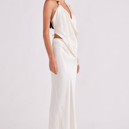 Satin Halter Top | Stone Beaded Neckline | Asymmetrical Draped Neck | Deep V-Back with Tie Fastenings | Unlined | Women's Fashion