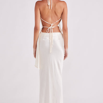 Satin Halter Top | Stone Beaded Neckline | Asymmetrical Draped Neck | Deep V-Back with Tie Fastenings | Unlined | Women's Fashion