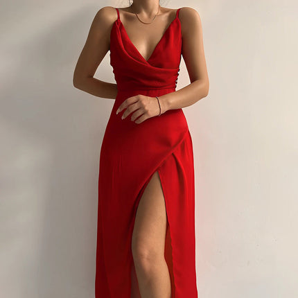 VISCONTE | Midi Dress with Spaghetti Straps | Backless Wrap Style | Curve-Enhancing Draped Design | Elegant Slit
