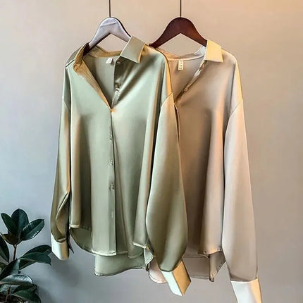 Women's Satin Shirt | Button-Up | Long Sleeves | Relaxed Fit | Versatile Fashion | Available XS-2XL | Elegant Colors Green, Champagne, White, Black | Perfect for Office, Casual & Formal Wear | Timeless Style