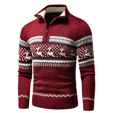 Festive Christmas Knit Cardigan | Zipper & Roll-Up Collar | Stylish Geometric Patterns