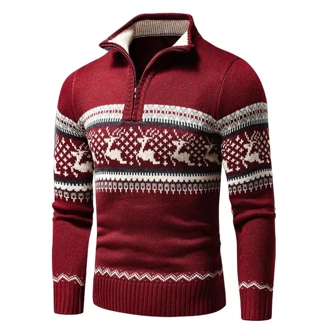 Festive Christmas Knit Cardigan | Zipper & Roll-Up Collar | Stylish Geometric Patterns
